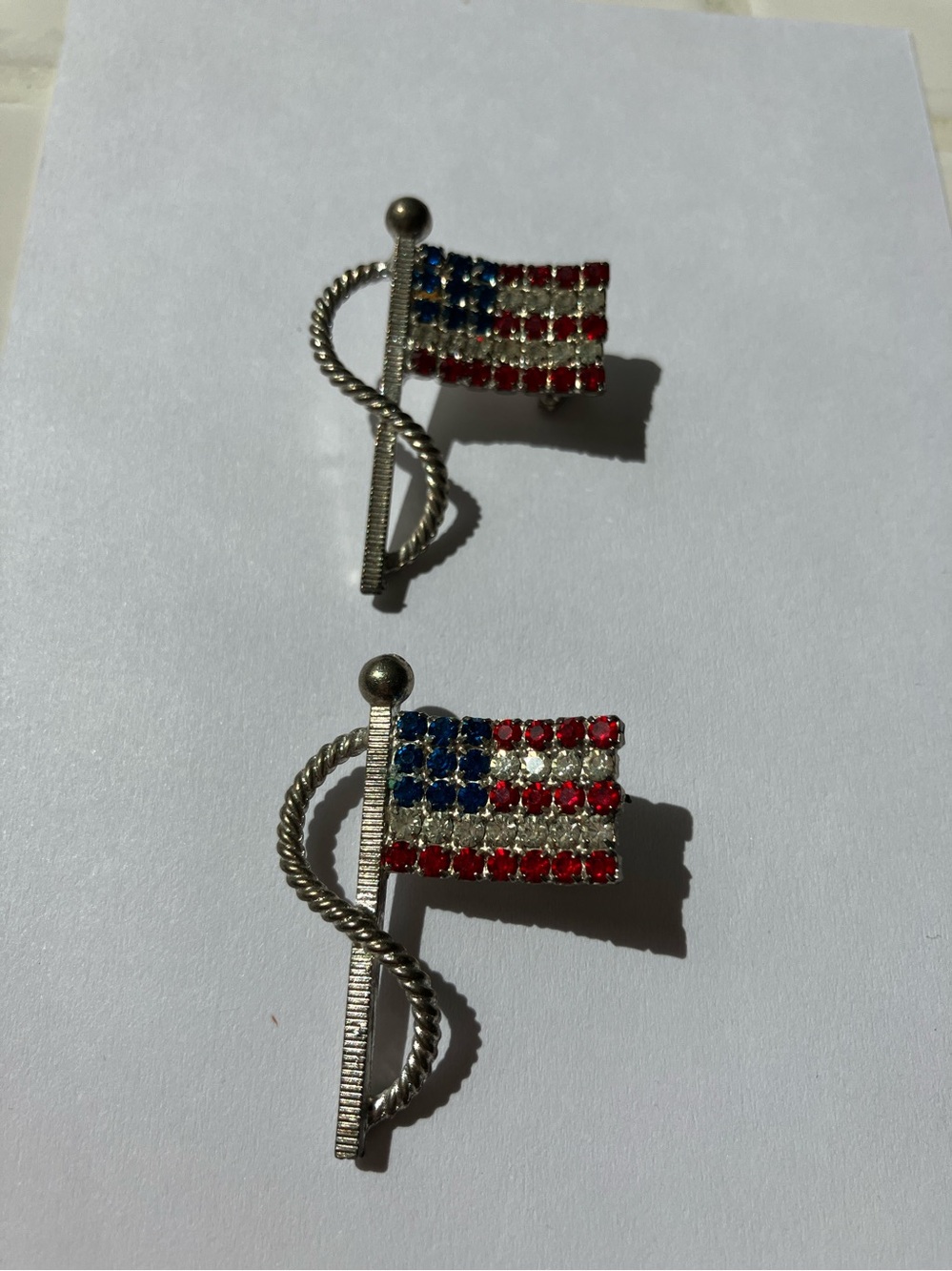 Vintage American Flag Patriotic Rhinestone Brooches - pair of 2 pins